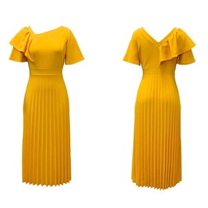 Detail of bright yellow pleated midi dress featuring asymmetric ruffle neckline and waistline
