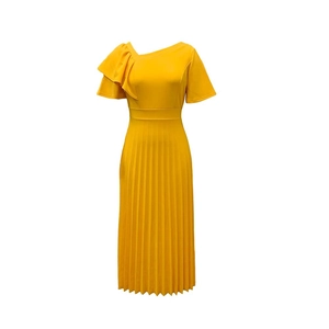 Detail of a bright yellow pleated dress featuring ruffled cap sleeves and pleated texture