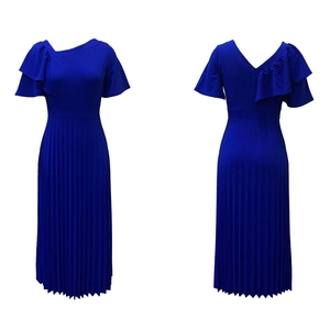 Detail view of royal blue pleated midi dress featuring ruffled cap sleeves and back V-neck