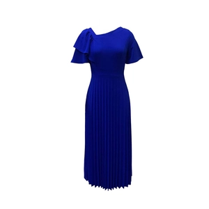 Royal blue midi dress with asymmetrical ruffle neck and pleated skirt detail