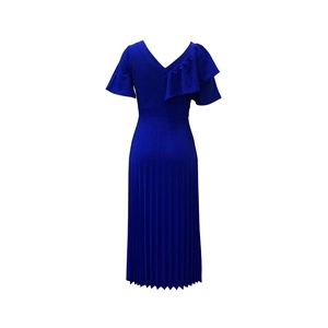 Detail of royal blue pleated dress with back V-neck and tiered ruffle sleeve design