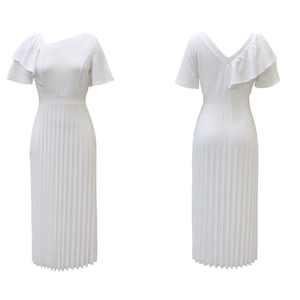 Detail of elegant white pleated maxi dress with asymmetric neckline and ruffled sleeves