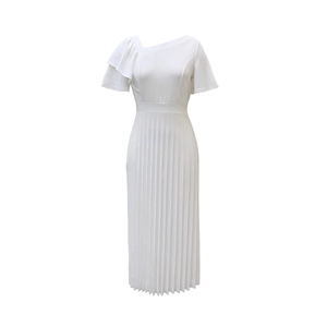 Close-up of pleated white off-shoulder dress with ruffle trim and cinched waist detailing