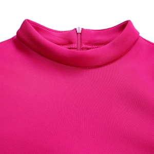 Detail of rose pink dress featuring a high stand collar and branded zipper closure