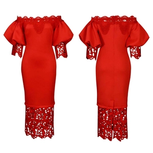 Detail of red off-shoulder evening dress with lace splicing and puff lantern sleeves
