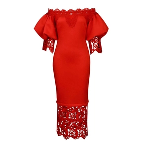Detailed view of red off-shoulder cocktail dress with intricate lace hem and puff sleeves