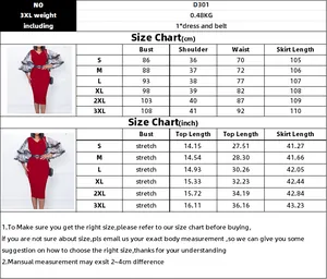 Size chart for V-neck pencil dress with bell sleeves, listing S-3XL dimensions and weight