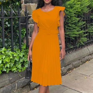 Detail of orange pleated mid-length dress featuring ruffle sleeves and matching waist belt