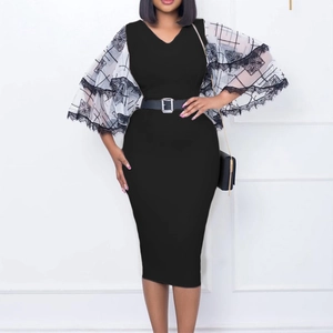Elegant V-neck pencil dress with lace flare sleeves and belt for office women