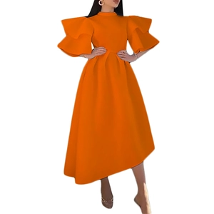 Elegant bright orange midi dress with double layered ruffle sleeves and a high neckline
