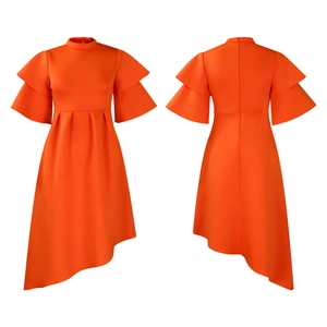 Detailed front and back view of a bright orange dress with layered ruffle sleeves