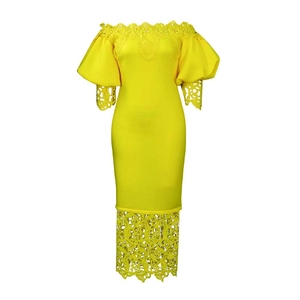 Detail of off-shoulder lace neckline and puff sleeves on a bright yellow bodycon dress