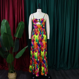 Summer sleeveless backless maxi dress with vibrant multi-color feather print and ruffles
