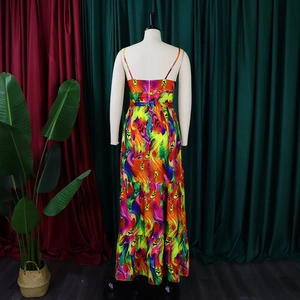 Sleeveless floral print maxi dress for women with colorful feather pattern and tiered hem