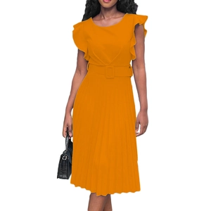 Elegant bright orange sleeveless pleated midi dress with ruffle shoulders and matching belt