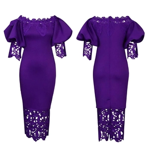 Front and back views of an off-shoulder purple dress with lace sleeves and hollow detailing