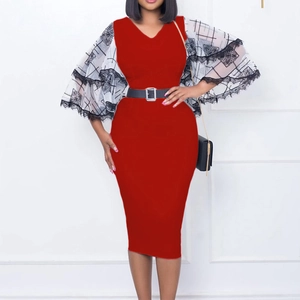 Elegant red V-neck pencil dress with lace bell sleeves and black waist belt for women