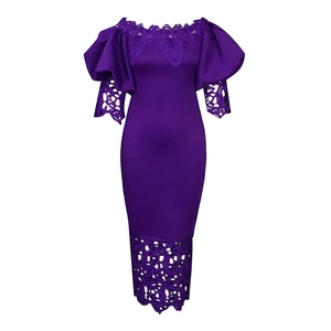 Detail of elegant purple bodycon dress with lace stitching and lantern sleeves