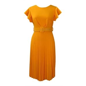 Detail of orange pleated midi dress with ruffle sleeves and matching waist belt