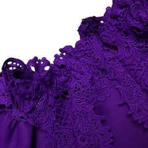 Detail of deep purple lace applique and lantern sleeves on this elegant cocktail dress
