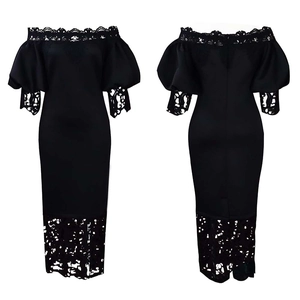 Front and back view of a black off-shoulder lace dress with lantern sleeves and slim fit