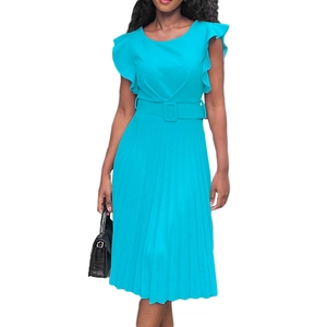 Detail of blue pleated dress featuring ruffle sleeves and matching belt with square buckle
