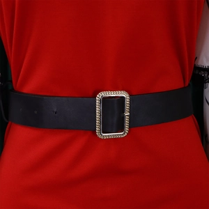 Close-up of black leather waist belt with textured gold buckle on a red dress