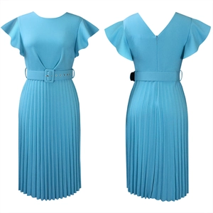 Detail of light blue pleated midi dress featuring flutter sleeves and buckled waist belt