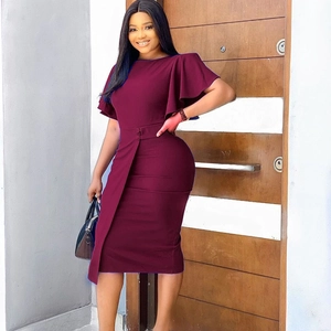 Close-up of wine red slim fit dress with elegant flutter sleeves and matching waist belt