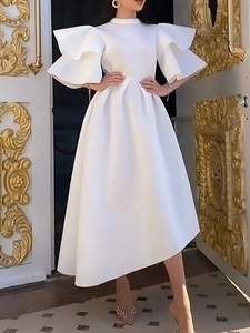 Elegant Women Polyester Solid Color Mock Neck Double Ruffle Sleeve Asymmetrical Large Swing Dress Formal Evening Party Dress