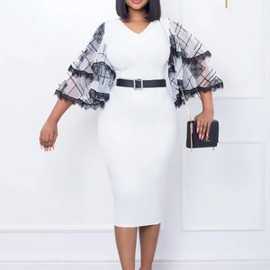 Elegant white V-neck pencil dress with lace bell sleeves and black waist belt detail