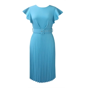 Detail of bright blue pleated dress featuring ruffle sleeves and matching square buckle belt