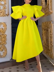 Elegant bright yellow A-line dress with double layered ruffle sleeves and stand collar