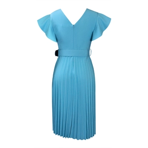 Close-up of elegant light blue pleated dress with ruffle sleeves and matching belt detail