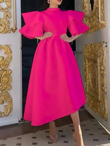 Hot pink midi dress with double flounce sleeves and elegant A-line silhouette