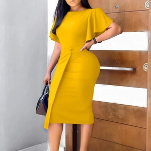 Slim fit bright yellow mid-length dress with ruffle sleeves and elegant side slit detail
