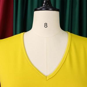 Detailed close-up of V-neckline and textured fabric on bright yellow summer dress