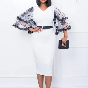 Close-up of elegant V-neck dress with black mesh lace flare sleeves and a buckled belt