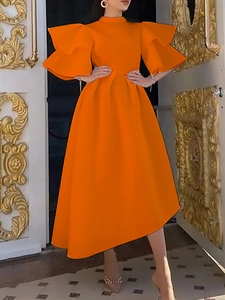 Elegant bright orange maxi dress featuring double-layered ruffle sleeves and high waistline
