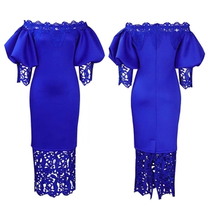 Detail of royal blue off-shoulder dress with lace拼接 and puffy lantern sleeves