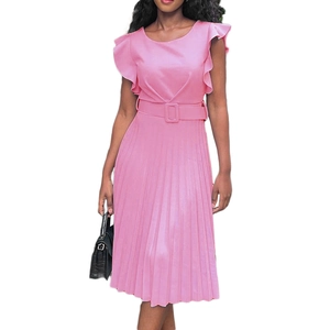 Pink pleated round neck dress featuring ruffle sleeves and matching buckled waist belt