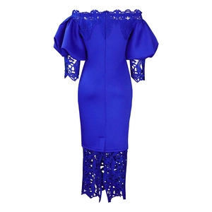 Detail view of royal blue off-shoulder dress with lace trim and hidden back zipper