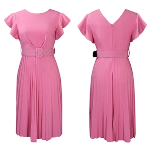 Detailed front and back view of pink pleated midi dress with ruffle sleeves and waist belt