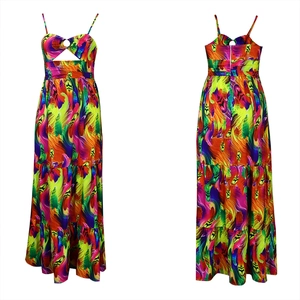 Detail of colorful feather print maxi dress with o-ring cutout and tiered skirt