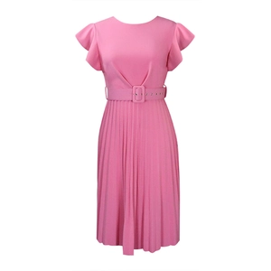 Detailed close-up of pink pleated dress with ruffle sleeves and matching waist belt