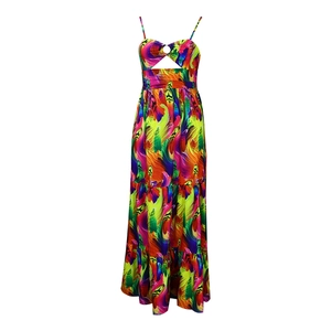 Close-up of the hollow-out chest detail and vibrant abstract print on the summer maxi dress