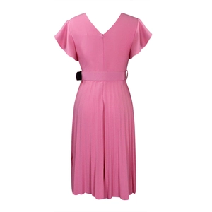 Rear view of a pink pleated summer dress featuring a V-neck back and ruffled cap sleeves