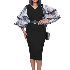 Detail of elegant V-neck pencil dress with embroidered white floral mesh bell sleeves