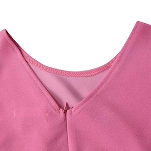 Close-up of pink dress V-neckline and back invisible zipper detail with premium stitching