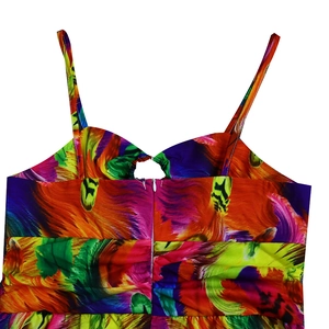 Close-up of vibrant rainbow feather print dress with V-neckline and knot detail